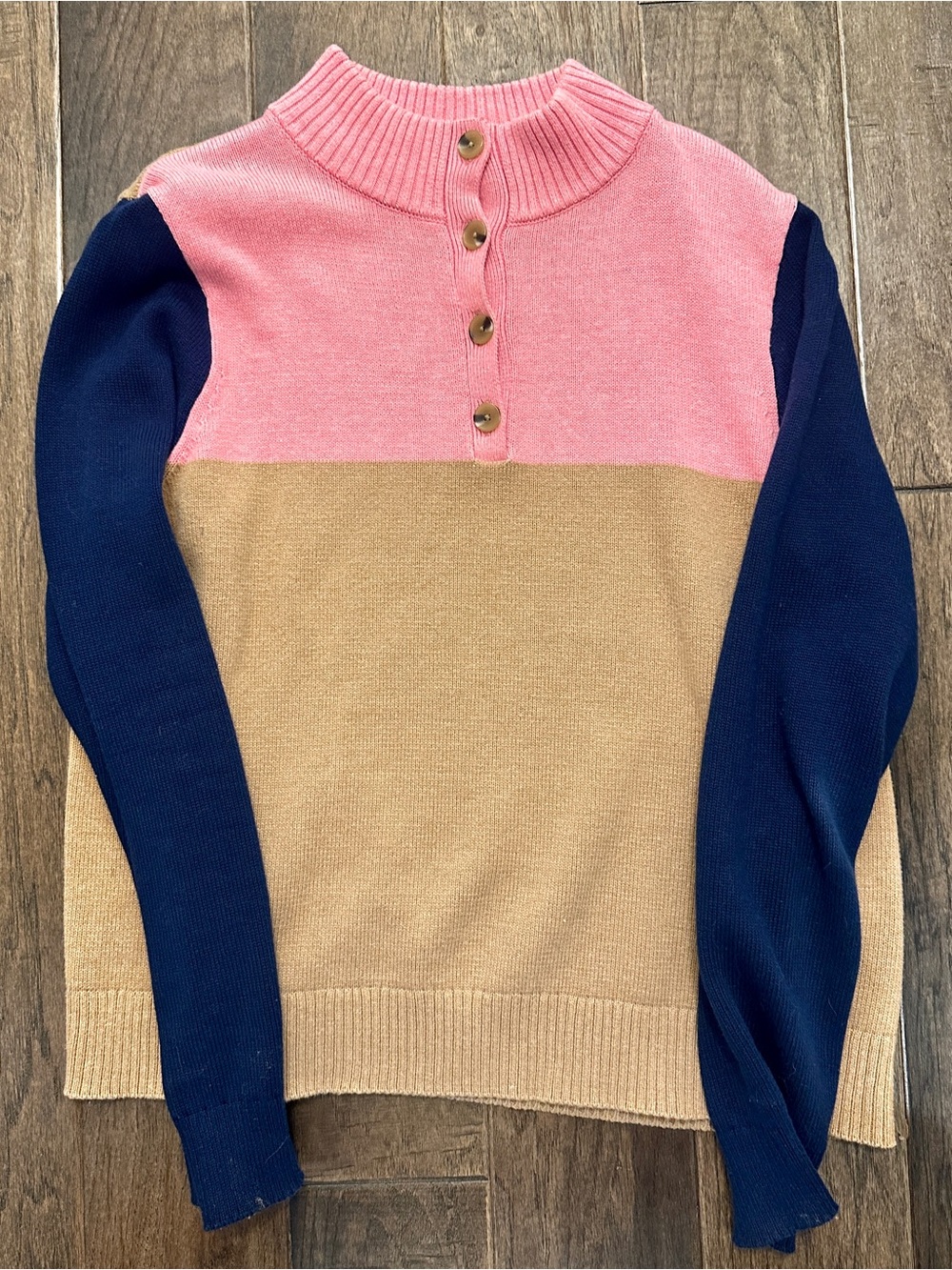 J. Crew Colorblock (Pink, Navy and Camel) Mock Neck Button Sweater